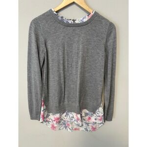 NYDJ Layered Look Sweater Womens Small Grey Floral Chiffon Hem Cashmere Blend
